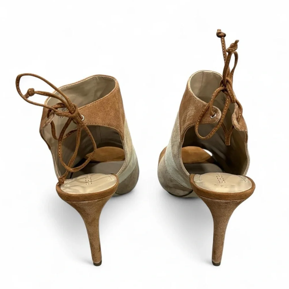 $120 BCBGeneration Meirin Brown/Tan Colorblock Open Toe Tie Heels Suede Leather